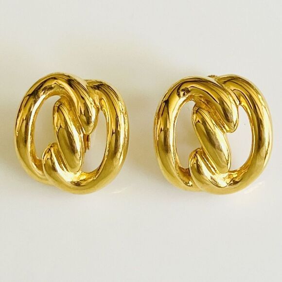 Vintage JS Signed Shiny Screw Back Earrings Gold Tone Twisted Knot Abstract 4042 - Picture 3 of 11